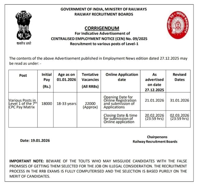 RRB Group D Notification 2026 Official Short Notice (CEN 09/2025) regarding revised application dates