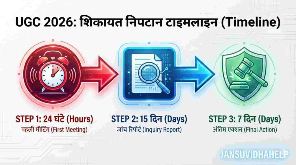 UGC New Rules 2026 complaint timeline flowchart explaining 24 hours meeting, 15 days report, and 7 days action plan for students.