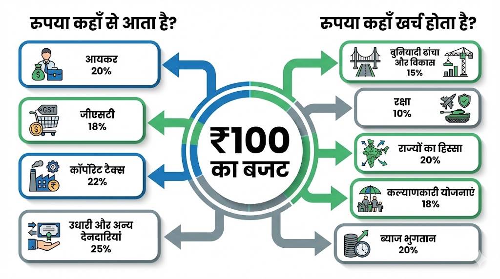 Union Budget 2026-27 में सरकार की कमाई और खर्च का पूरा गणित – ₹100 बजट कहाँ से आता है और कहाँ खर्च होता है